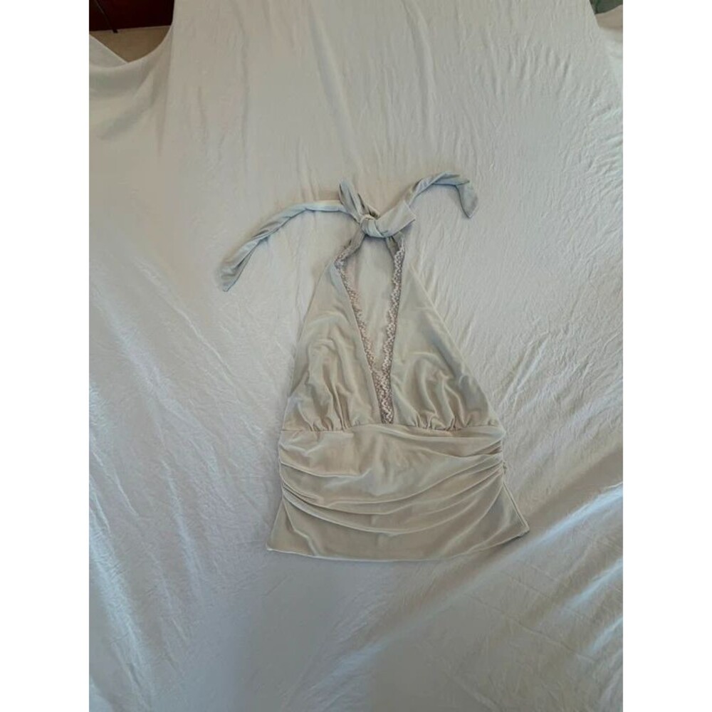 Windsor Womens Size Medium Silver Grey Halter Top Lace Trim Ruched Y2K Party Cam
